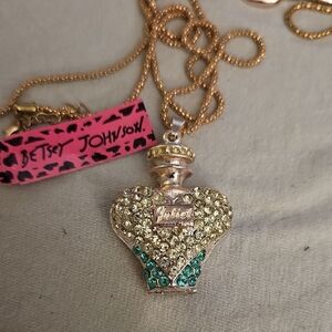 Betsey Johnson Gold and Blue N Light Green Stones Perfume BottleNecklace NEW 26"